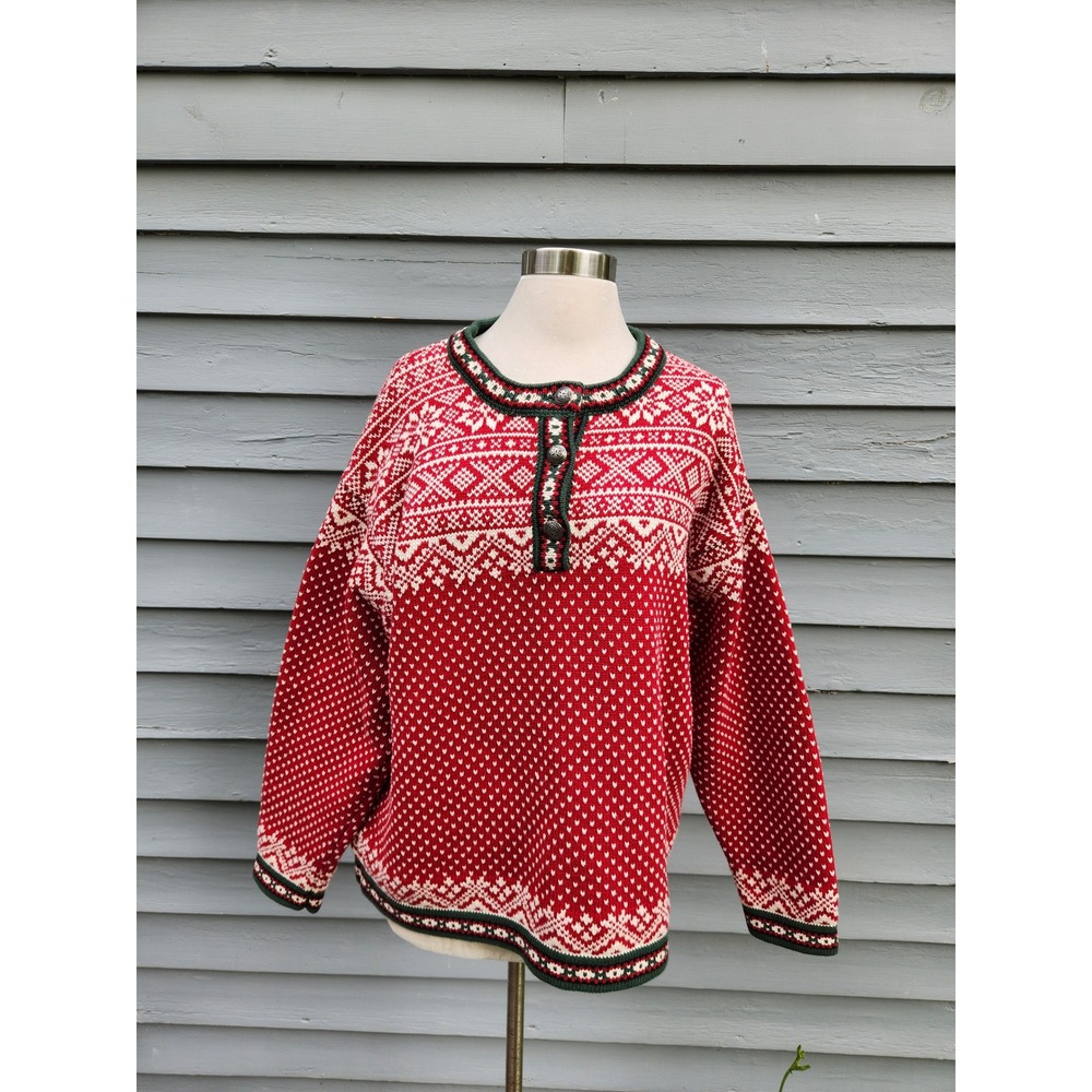 Vintage L.L.Bean Red Sweater Fair Isle lcelandic Ski Apres Nordic Chunky Knit XL
